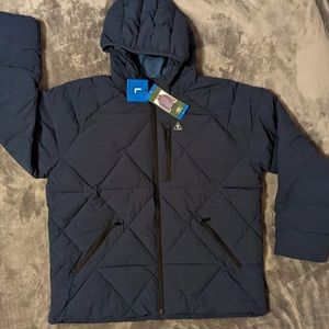 G.H.BASS &co Puffer Jacket Mens L Navy Hooded Quilted FULL ZIP Pockets Hiking